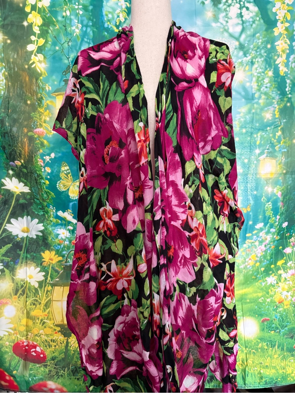 G.I.L.I. Black Floral Kimono Cardigan with Fuchsia and Green